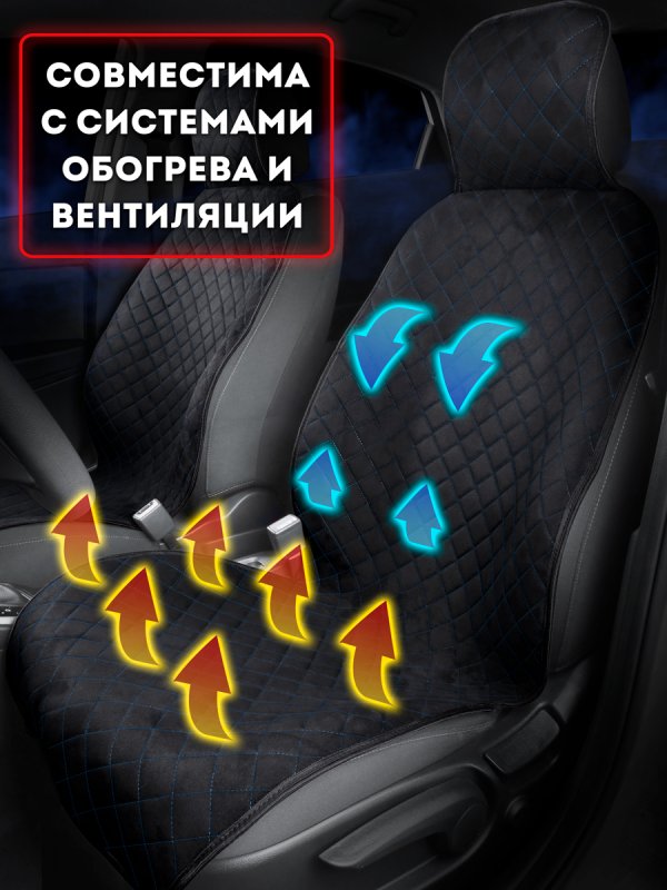 Комплект накидок из алькантары на передние сиденья автомобиля. Модель SOFIA. Черный, синий, черный